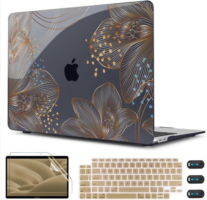 CISSOOK for MacBook Air 13 inch Case 2021 2020 2019 2018 Model M1 A2337 A2179 A1932, Black Hard Shell Case & Keyboard Cover & Screen Protector for MacBook Air 13 with Touch ID, Gorgeous Gold Floral - Image 1
